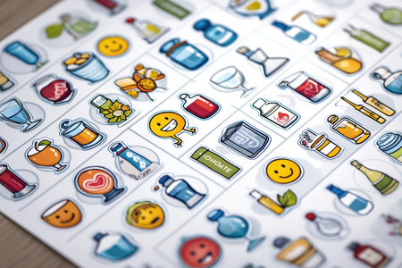 Calendar showcases a variety of healthy habits stickers alongside smiley faces, providing a fun way to motivate and track daily wellness efforts.の素材