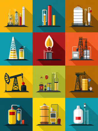Collection of petroleum symbols featuring oil rigs and tanks on colorful square backgrounds in a flat design style.の素材