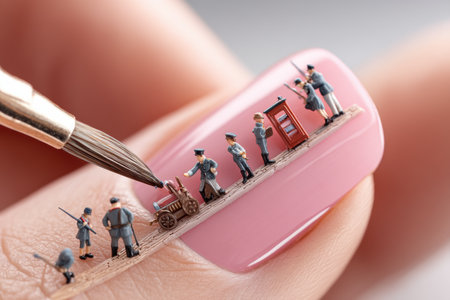 Long pink nail features tiny women in uniform carefully doing a manicure, highlighting intricate details and artistry in a creative setting.の素材