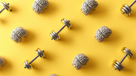 Visual conveys a brain lifting dumbbells against a vibrant yellow backdrop, symbolizing the importance of mental exercise and cognitive strength enhancement.の素材