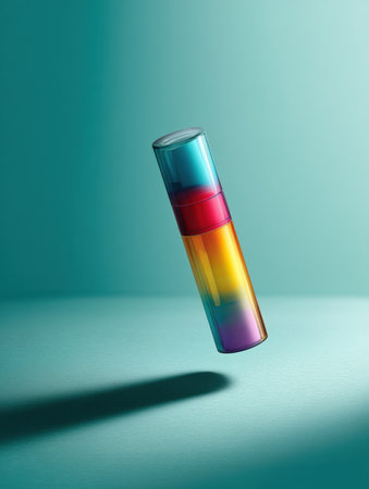 A vibrant inhaler hovers above a subtle mint backdrop, illuminated by gentle light that enhances the colorful design and creates a calming atmosphere.の素材
