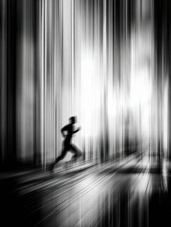 Dynamic streaks showcase a fast runner in motion, creating an abstract monochrome atmosphere that emphasizes speed and movement in a sport-filled environment.の素材