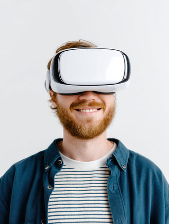 A smiling man wearing white virtual reality goggles poses against a flat white background, excited about his immersive digital experience.の素材