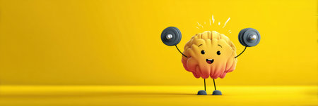 A joyful brain character is lifting light weights against a vivid yellow background, symbolizing the importance of exercise for cognitive health and happiness.の素材