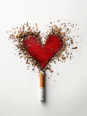 A cigarette stub is embedded in a red heart made from crushed tobacco, illustrating the adverse effects of smoking on health and emotions.の素材