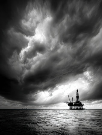 High-contrast silhouette of an oil rig standing strong against turbulent storm clouds over the ocean, creating an atmosphere of drama and isolation.の素材