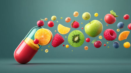 A mix of colorful fruits such as apples, oranges, and berries are spinning around a vitamin capsule, symbolizing health and vitality in a dynamic wayの素材