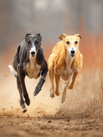 Two greyhound dogs race forward with intense focus, capturing the thrill of speed against a blurred backdrop of the outdoor environment.の素材