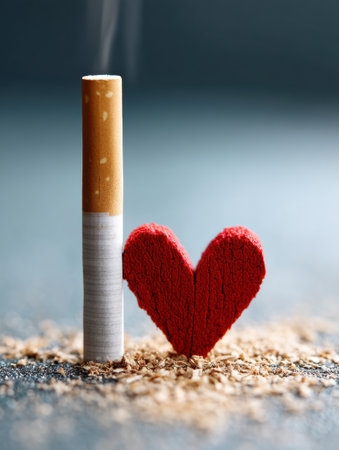Cigarette stub rests against a vibrant red heart shape, symbolizing the harmful impact of smoking on health and wellbeing in a contemplative setting.の素材