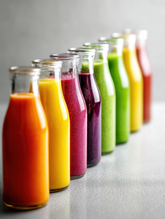 A lineup of colorful rainbow smoothies displayed in a minimalistic studio, highlighting various health tones in a clean and organized setting.の素材