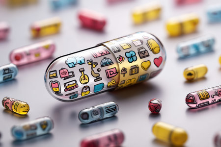 A vibrant capsule breaks apart, releasing colorful wellness icons like hearts and plants, surrounded by smaller capsules in various hues on a smooth surface.の素材