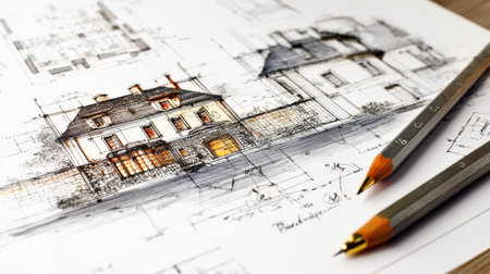 Detailed project renovation sketch showcasing design ideas and architectural plans, perfect for promoting design services and construction companies.の素材