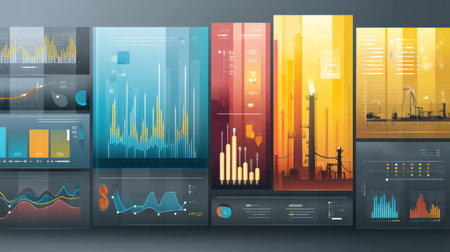 Advanced dashboard visualizes oil industry analytics through colorful graphs and statistics, providing insights into production and market trendsの素材