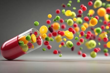 A vitamin capsule spills a variety of colorful fruits, including berries and citrus, in a dynamic and energetic arrangement expressing vitality and health.の素材