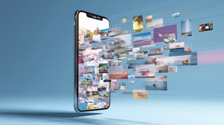 Smartphone displays a variety of multimedia content flowing out, featuring visuals of landscapes, cityscapes, and artistic creations, all in vibrant colors.の素材