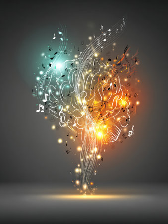 A cheerful brain icon emits colorful light and music notes, representing creativity and the joy of music flowing freely in an imaginative design.の素材