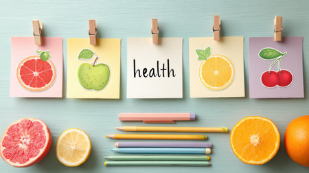 Bright pastel board features health tips with fruit stickers, complemented by fresh fruits and colorful pens, suggesting a vibrant approach to wellness.の素材