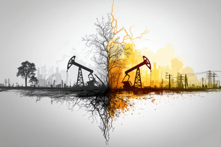 A landscape contrasts oil and electric energy, featuring extraction equipment on one side and natural elements on the other.の素材