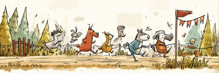 A group of animated animals is engaged in a vibrant race through a lively forest, dashing towards a colorful finish line with determination.の素材