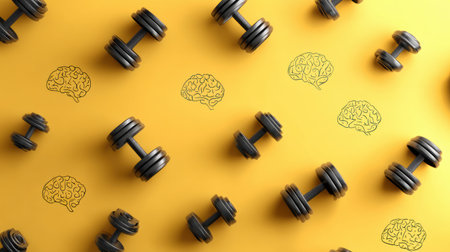 A creative representation of a brain lifting dumbbells against a bright yellow backdrop, highlighting the concept of mental exercise and training.の素材