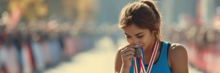 Runner stands at the finish line, filled with emotion as she gazes at her medal, celebrating an impressive achievement during a marathon event.の素材