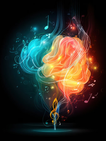 A joyful brain icon adorned with music notes and a radiant light flow conveys a sense of happiness and creativity, inviting a lively experience.の素材