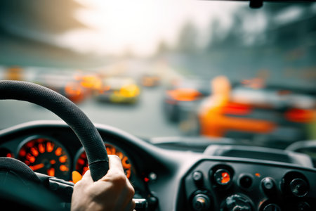 Close-up view of a drivers hands firmly on the steering wheel, displaying deep focus while racing through a vibrant track filled with competing carsの素材