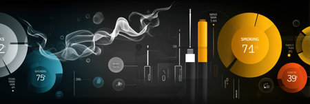 Infographic presents smoking statistics on a black gradient background, featuring data on usage rates, quit attempts, demographic trends, and health impacts.の素材