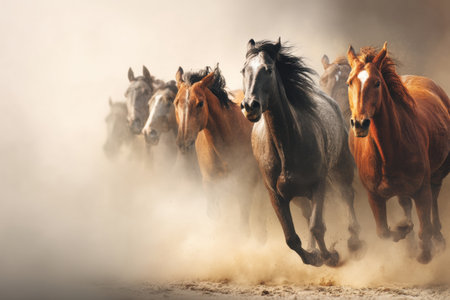 Horses race forward in a dramatic display of speed and power, kicking up a cloud of dust, set against an expansive and open landscape at dusk.の素材