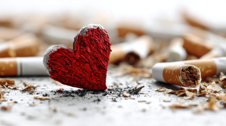 A red heart shaped object is pressed into a cigarette stub surrounded by burnt tobacco remnants, illustrating the harmful effects of smoking on well-being.の素材