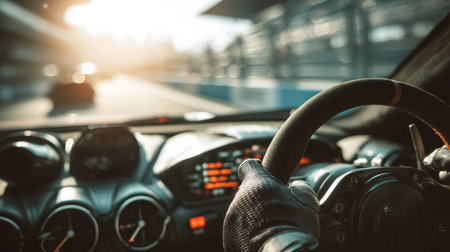 Hands gripping the steering wheel showcase concentration as the driver navigates a racing circuit under bright sunlight with blurred scenery.の素材