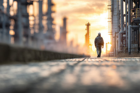 An oil worker traverses a refinery corridor in the evening light, surrounded by towering structures and a golden sunset that enhances the industrial atmosphere.の素材