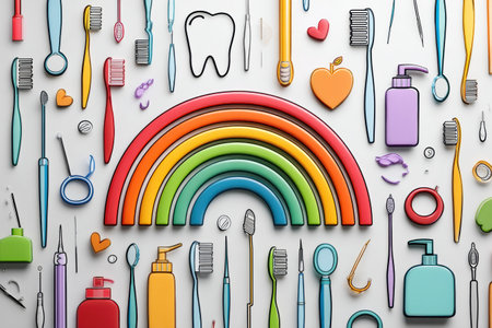 Bright rainbow-colored tooth icon surrounded by various dental hygiene tools encourages playful engagement with dental care practices for all ages.の素材