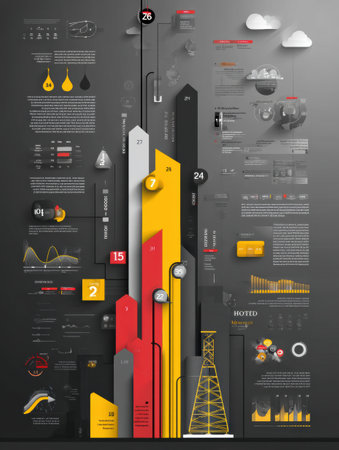 Detailed infographic featuring integral oil data trends, utilizing a sleek dark theme with vibrant yellow and red accents to enhance information clarity.の素材