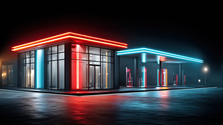 Glowing modern gas station features striking neon lights and a minimalist structure, providing an inviting atmosphere during the late evening hours in a city.の素材