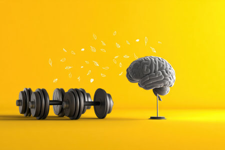 A brain stands beside dumbbells against a sunny yellow background, symbolizing the connection between physical and mental training for enhanced fitness.の素材