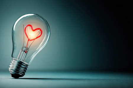 A light bulb with a heart-shaped filament glows, representing the fusion of creativity and compassion in healthcare innovation and inspiration for new ideas.の素材