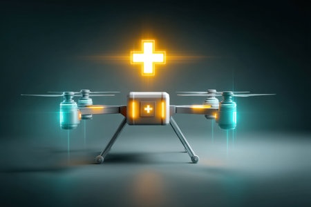 A healthcare delivery features drone a bright glowing cross and a package of vitamins, prepared to assist with medical needs in a modern city environment.の素材