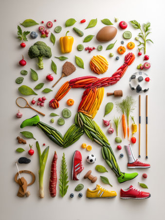 A vibrant combination of vegetables and sport equipment symbolizes an energetic figure jumping, promoting fitness and healthy living in a fun way.の素材