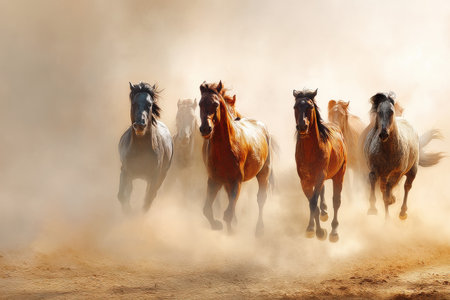 Horses race through a cloud of dust in an open field, showcasing speed and power as they compete in a traditional racing event during golden hour.の素材