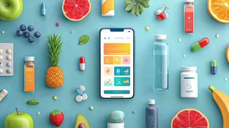 The health app features a vibrant design with colorful fruits and medicine icons, emphasizing wellness and health tracking.の素材