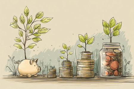 Stylized design displays a growing money account with a piggy bank and stacks of coins, alongside sprouting plants representing financial growth and prosperity.の素材