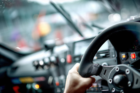Intense concentration is evident as hands firmly grip the steering wheel, navigating through a racing circuit at high speed during a thrilling competition.の素材