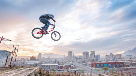 A BMX biker executes an impressive mid-air flip above an urban landscape as the sun sets, showing casing skill and athleticism in a dynamic moment.の素材