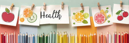 A collection of health tips displayed on a pastel board features delightful fruit stickers and vibrant colored pencils arranged underneath, promoting wellness.の素材