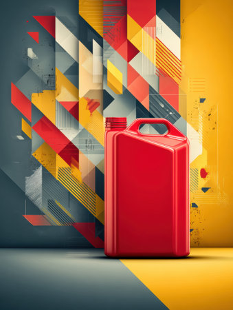 A bright red jerrycan stands out against a colorful abstract background filled with geometric patterns and shapes, enhancing visual appeal with bold contrasts.の素材