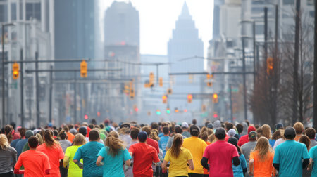 A vibrant group of runners in colorful shirts moves energetically along a city street, with skyscrapers and buildings looming in the distance.の素材