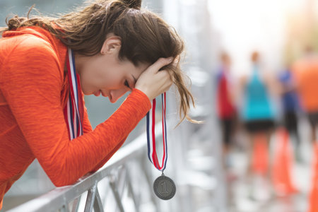 Runner holds medal tightly while reflecting on her achievements at the finish line in a bustling race environment, surrounded by fellow competitorsの素材