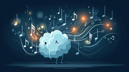 A cheerful brain character interacts with floating music notes and bright light flows, creating an energetic and inspiring ambiance full of creativity.の素材