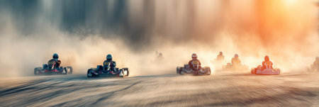 Go-karts speed through a dusty track, creating dramatic clouds as racers compete fiercely under the warm glow of sunset in an exhilarating outdoor event.の素材